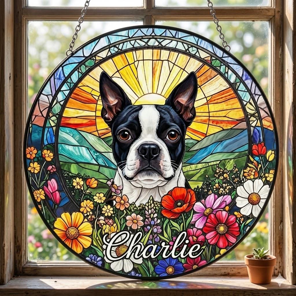 Personalized Boston Terrier Dog Portrait Stained Glass Suncatcher, Custom Pet Memorial Stained Glass Photo Suncatcher,Dog Loss Keepsake