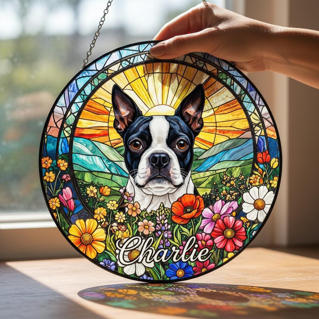 Personalized Boston Terrier Dog Portrait Stained Glass Suncatcher, Custom Pet Memorial Stained Glass Photo Suncatcher,Dog Loss Keepsake - image 3