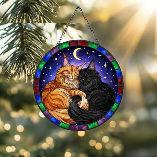 Custom Cat Stained Glass Suncatcher, Maine Coon Cat Couples Window Hanging Glass Ornament,  Gift for Couple, Wife, Husband - image 5