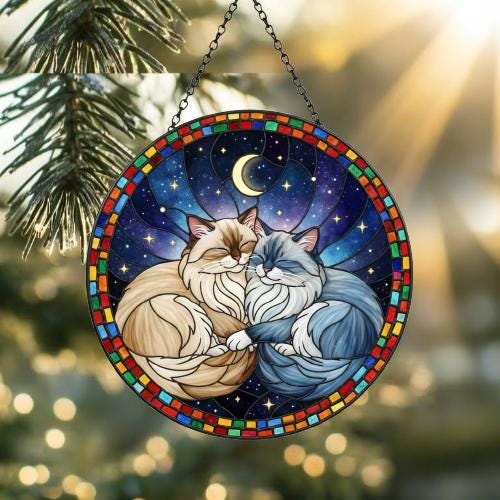 Custom Cat Stained Glass Suncatcher, Ragdoll  Cat Couples Window Hanging Glass Ornament,  Gift for Couple, Wife, Husband - image 2