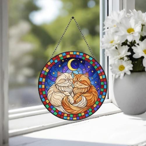 Custom Cat Stained Glass Suncatcher, Persian Cat Couples Window Hanging Glass Ornament,  Gift for Couple, Wife, Husband - image 4