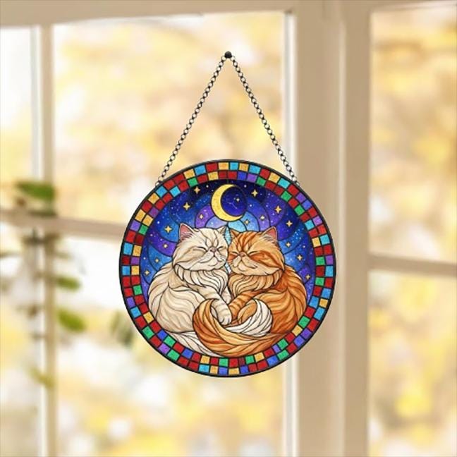 Custom Cat Stained Glass Suncatcher, Persian Cat Couples Window Hanging Glass Ornament,  Gift for Couple, Wife, Husband