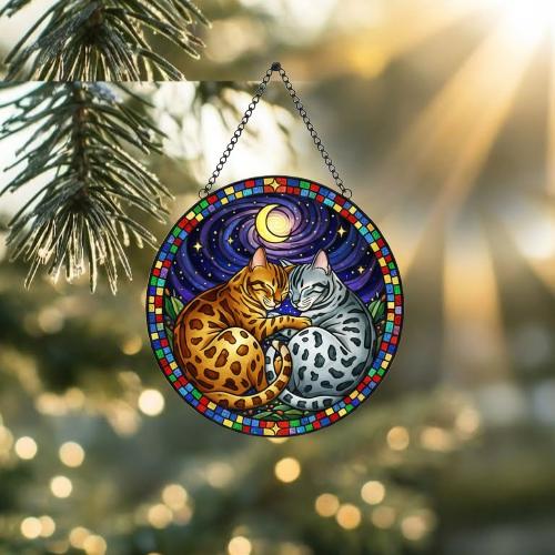 Custom Cat Stained Glass Suncatcher, Bengal Cat Couples Window Hanging Glass Ornament,  Gift for Couple, Wife, Husband - image 2