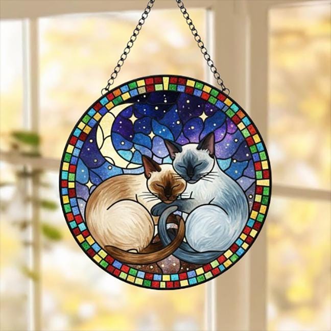 Custom Cat Stained Glass Suncatcher, Siamese  Cat Couples Window Hanging Glass Ornament,  Gift for Couple, Wife, Husband