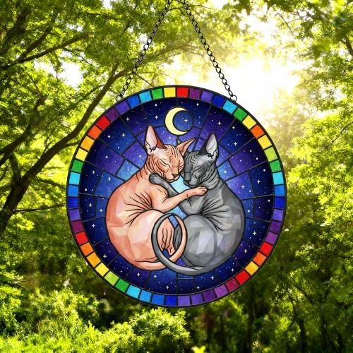 Custom Cat Stained Glass Suncatcher, Sphynx Cat Couples Window Hanging Glass Ornament,  Gift for Couple, Wife, Husband - image 5