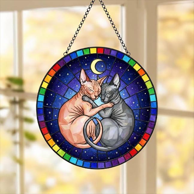 Custom Cat Stained Glass Suncatcher, Sphynx Cat Couples Window Hanging Glass Ornament,  Gift for Couple, Wife, Husband