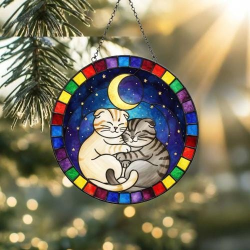 Custom Cat Stained Glass Suncatcher, Scottish Fold Cat Couples Window Hanging Glass Ornament,  Gift for Couple, Wife, Husband - image 2