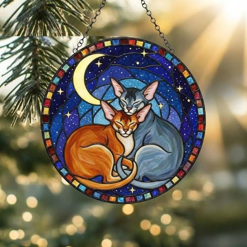 Custom Cat Stained Glass Suncatcher, Abyssinian Cat Couples Window Hanging Glass Ornament,  Gift for Couple, Wife, Husband - image 2