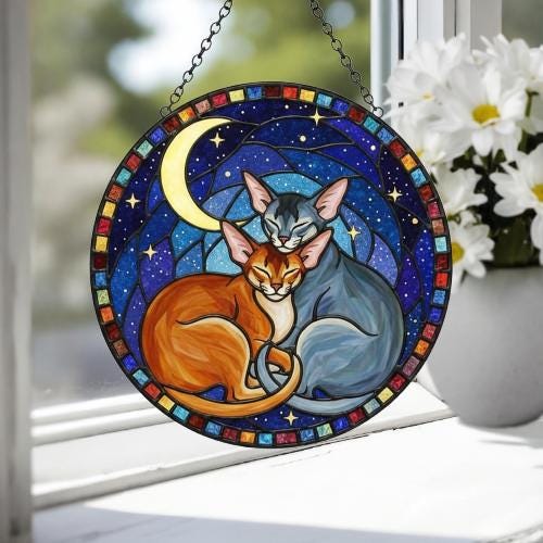 Custom Cat Stained Glass Suncatcher, Abyssinian Cat Couples Window Hanging Glass Ornament,  Gift for Couple, Wife, Husband - image 4
