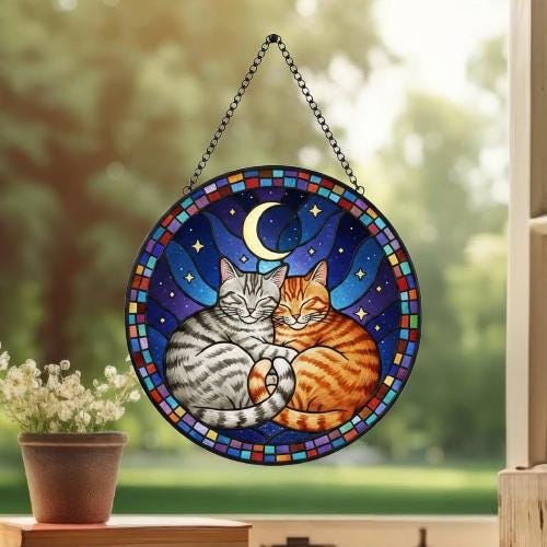 Custom Cat Stained Glass Suncatcher, American Shorthair Cat Couples Window Hanging Glass Ornament,  Gift for Couple, Wife, Husband - image 3