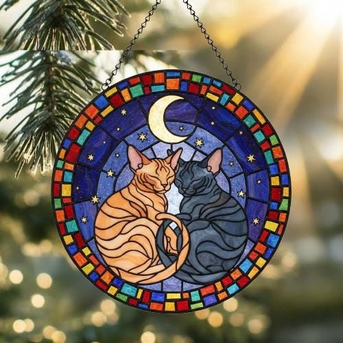Custom Cat Stained Glass Suncatcher, Devon Rex Cat Couples Window Hanging Glass Ornament,  Gift for Couple, Wife, Husband - image 2