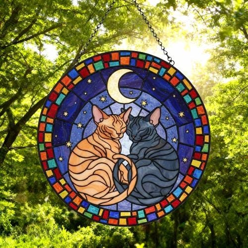 Custom Cat Stained Glass Suncatcher, Devon Rex Cat Couples Window Hanging Glass Ornament,  Gift for Couple, Wife, Husband - image 5