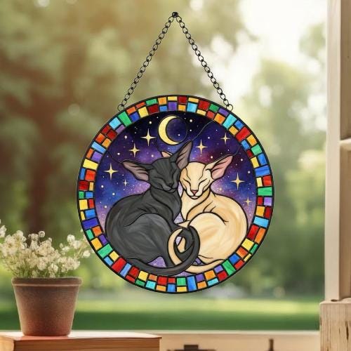 Custom Cat Stained Glass Suncatcher, Oriental Shorthair Cat Couples Window Hanging Glass Ornament,  Gift for Couple, Wife, Husband - image 3