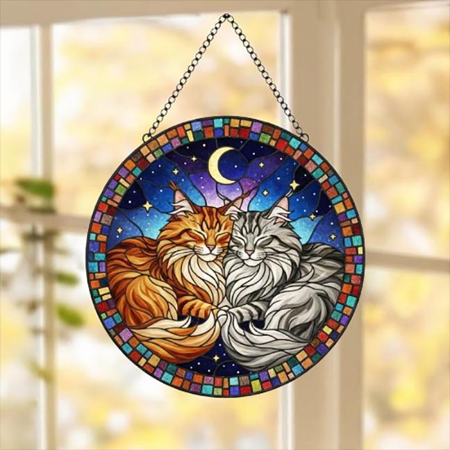 Custom Cat Stained Glass Suncatcher, Norwegian Forest Cat Couples Window Hanging Glass Ornament,  Gift for Couple, Wife, Husband