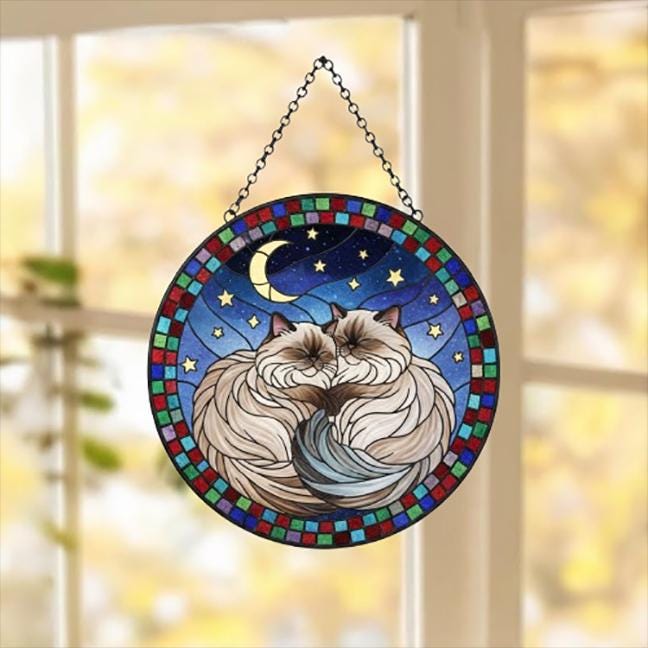 Custom Cat Stained Glass Suncatcher, Himalayan cats Couples Window Hanging Glass Ornament,  Gift for Couple, Wife, Husband