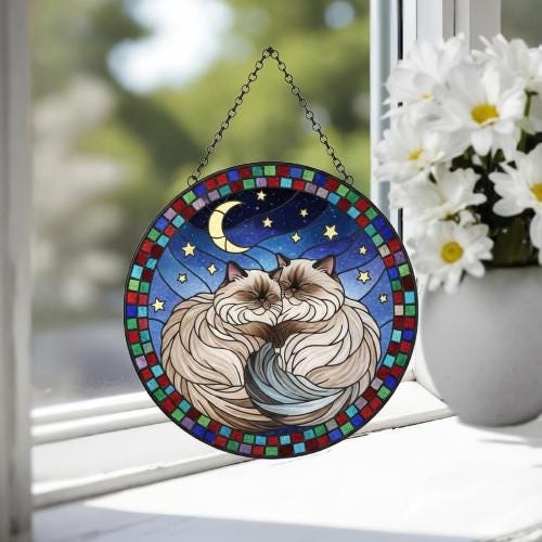Custom Cat Stained Glass Suncatcher, Himalayan cats Couples Window Hanging Glass Ornament,  Gift for Couple, Wife, Husband - image 4