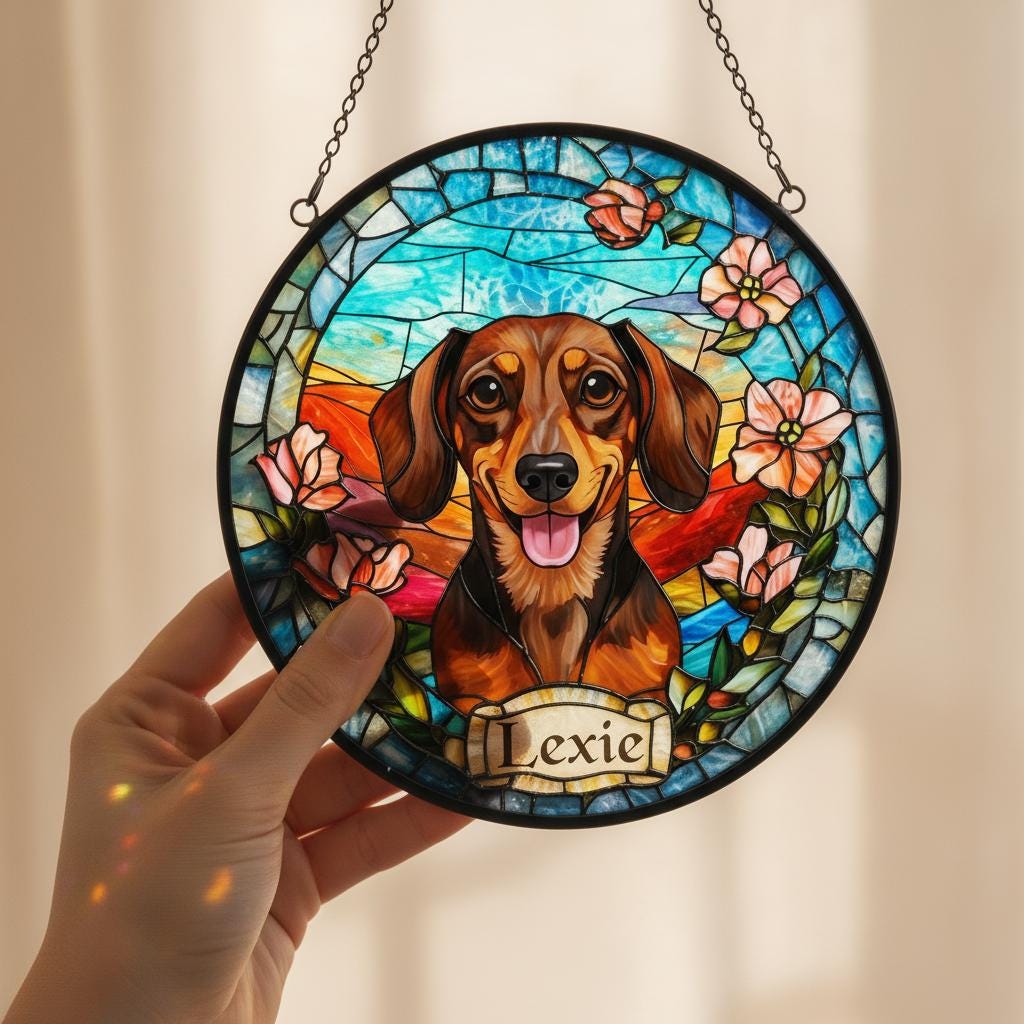 Custom Dachshund Dog  Portrait Stained Glass Suncatcher, Stained Glass Dog Memorial, Custom Dog Portrait from Photo, Sympathy Gifts - image 3