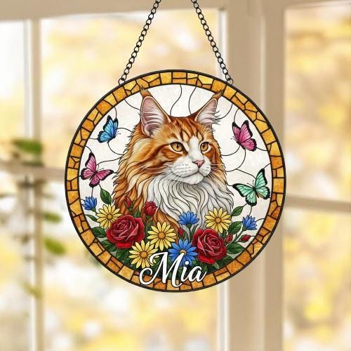 Custom Maine Coon  Cat Portrait Stained Glass Suncatcher, Pet Memorial Stained Glass Suncatcher, Cat Memorial Gift, Cat Loss, Pet Loss Gift - image 5