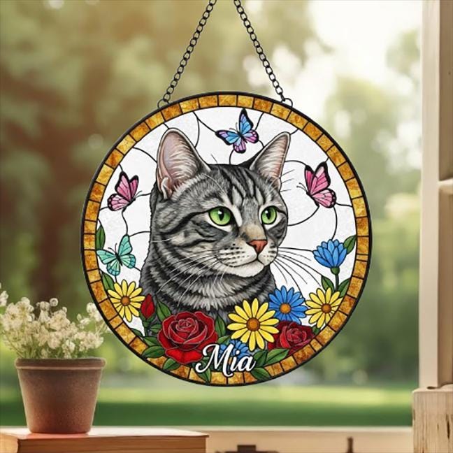 Custom Domestic Shorthair  Portrait Stained Glass Suncatcher, Pet Memorial Stained Glass Suncatcher, Cat Memorial Gift, Cat Loss, Pet Gift