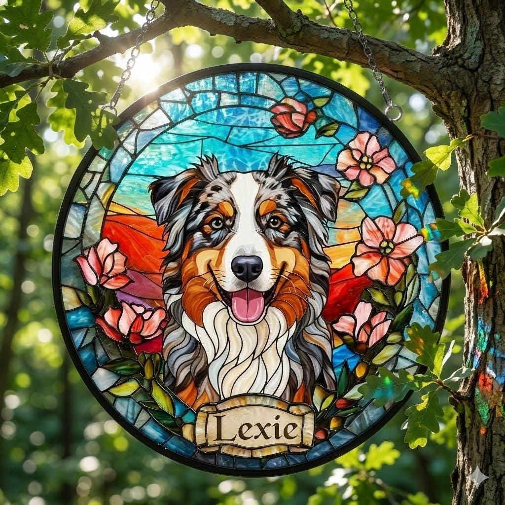 Custom Australian Shepherd Dog  Portrait Stained Glass Suncatcher, Stained Glass Dog Memorial,Custom Dog Portrait from Photo, Sympathy Gifts - image 2