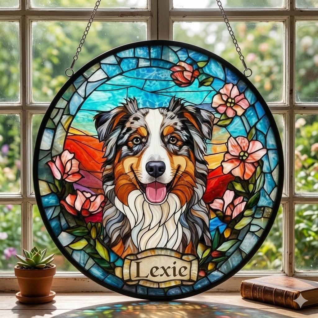 Custom Australian Shepherd Dog  Portrait Stained Glass Suncatcher, Stained Glass Dog Memorial,Custom Dog Portrait from Photo, Sympathy Gifts