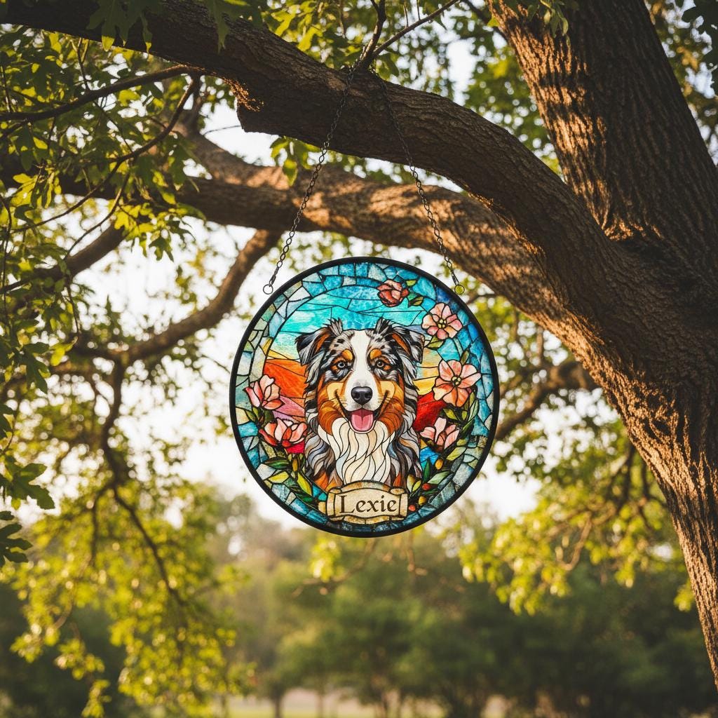 Custom Australian Shepherd Dog  Portrait Stained Glass Suncatcher, Stained Glass Dog Memorial,Custom Dog Portrait from Photo, Sympathy Gifts - image 5