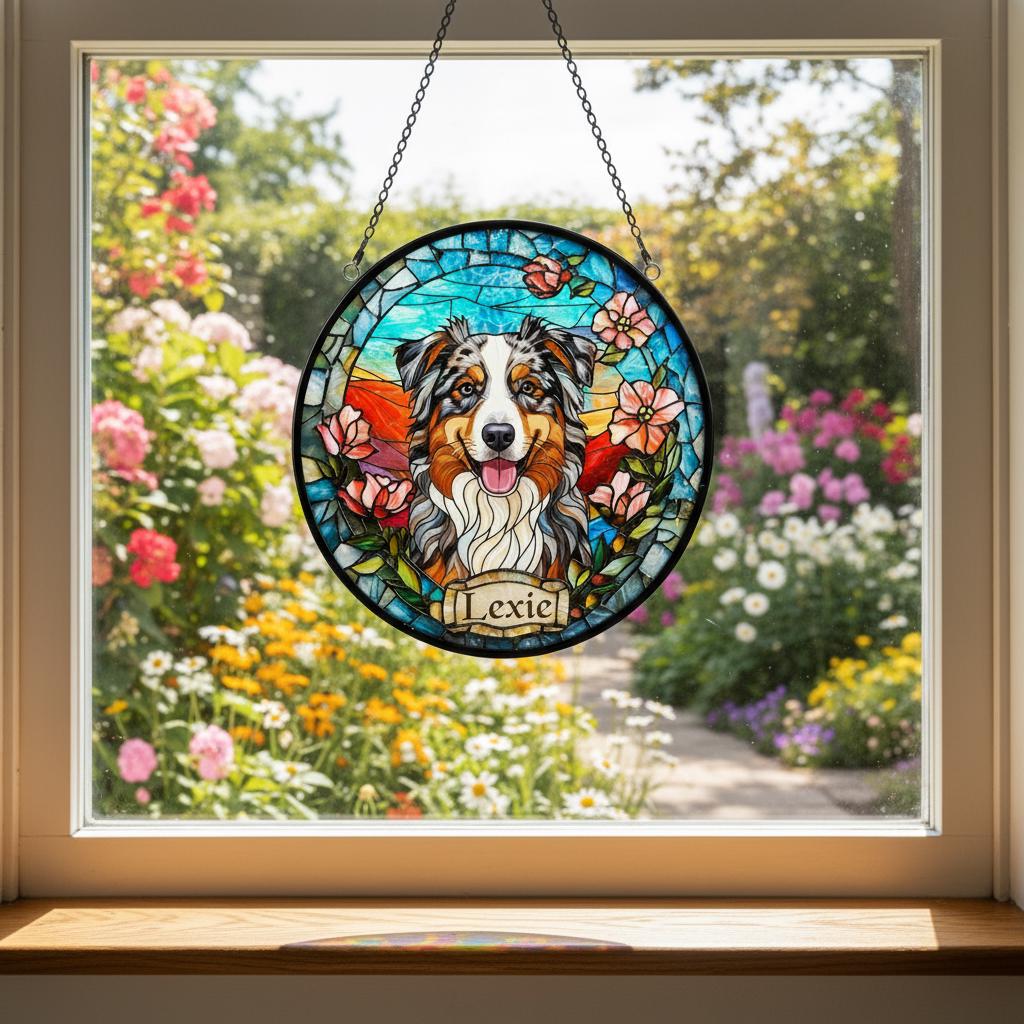 Custom Australian Shepherd Dog  Portrait Stained Glass Suncatcher, Stained Glass Dog Memorial,Custom Dog Portrait from Photo, Sympathy Gifts - image 3
