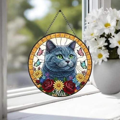 Custom British Shorthair Cat Portrait Stained Glass Suncatcher, Pet Memorial Stained Glass Suncatcher, Cat Memorial Gift, Cat Loss - image 4