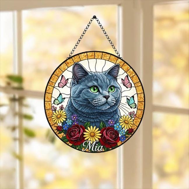 Custom British Shorthair Cat Portrait Stained Glass Suncatcher, Pet Memorial Stained Glass Suncatcher, Cat Memorial Gift, Cat Loss