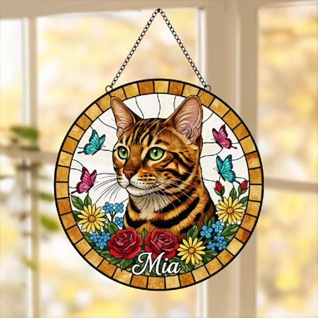 Custom Bengal Cat Portrait Stained Glass Suncatcher, Pet Memorial Stained Glass Suncatcher, Cat Memorial Gift, Cat Loss, Pet Loss Gift