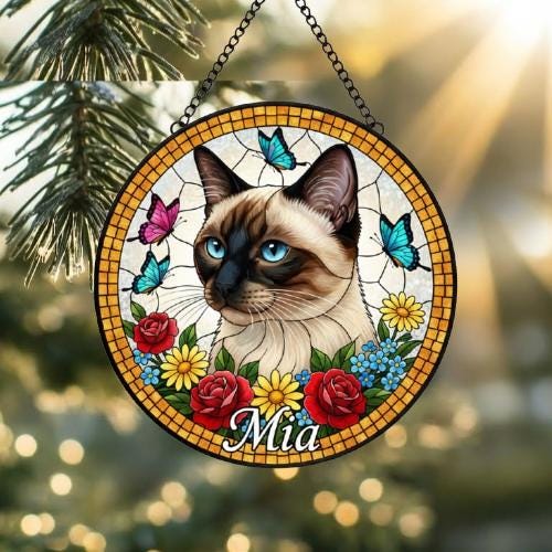 Custom Siamese  Cat Portrait Stained Glass Suncatcher, Pet Memorial Stained Glass Suncatcher, Cat Memorial Gift, Cat Loss, Pet Loss Gift - image 2