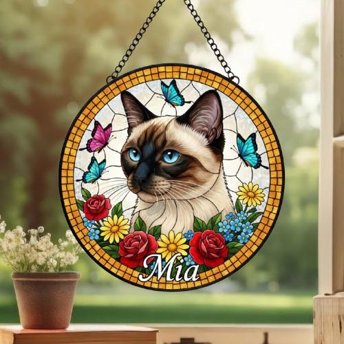 Custom Siamese  Cat Portrait Stained Glass Suncatcher, Pet Memorial Stained Glass Suncatcher, Cat Memorial Gift, Cat Loss, Pet Loss Gift - image 3