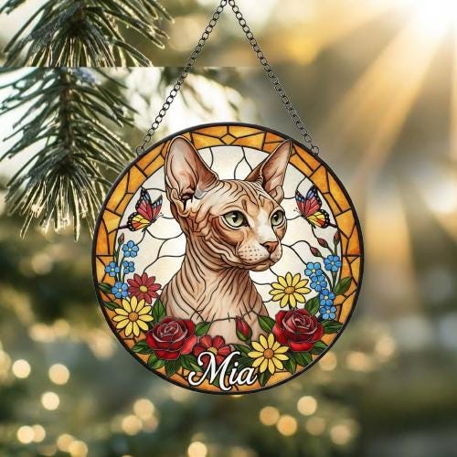 Custom Sphynx Cat Portrait Stained Glass Suncatcher, Pet Memorial Stained Glass Suncatcher, Cat Memorial Gift, Cat Loss, Pet Loss Gift - image 2