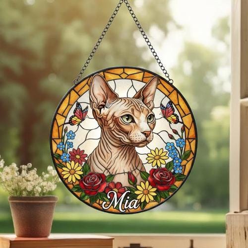 Custom Sphynx Cat Portrait Stained Glass Suncatcher, Pet Memorial Stained Glass Suncatcher, Cat Memorial Gift, Cat Loss, Pet Loss Gift - image 3