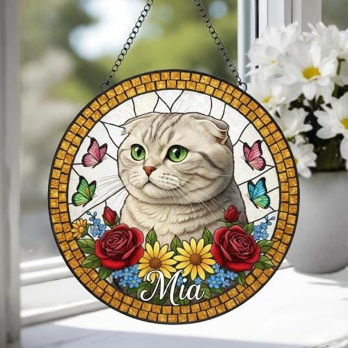 Custom Scottish Fold Cat Portrait Stained Glass Suncatcher, Pet Memorial Stained Glass Suncatcher, Cat Memorial Gift, Cat Loss, Pet Gift - image 4