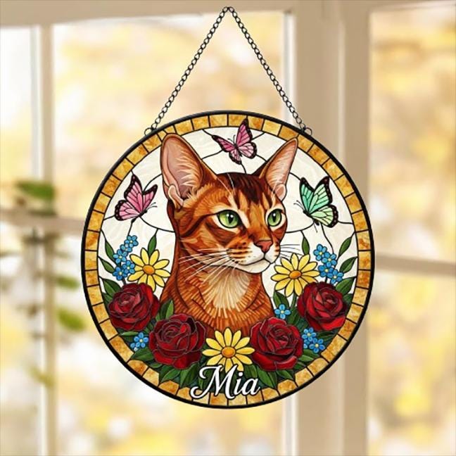 Custom Abyssinian  Cat Portrait Stained Glass Suncatcher, Pet Memorial Stained Glass Suncatcher, Cat Memorial Gift, Cat Loss, Pet Gift