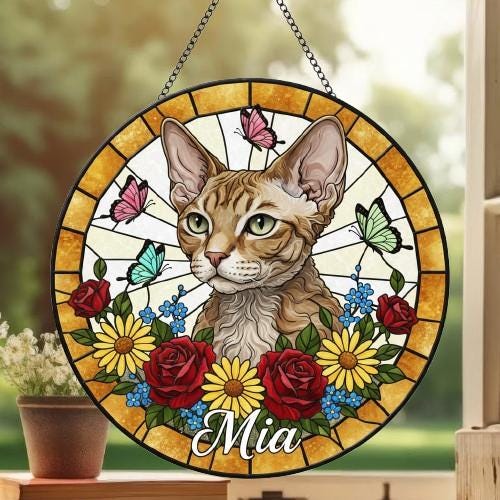 Custom Devon Rex Cat Portrait Stained Glass Suncatcher, Pet Memorial Stained Glass Suncatcher, Cat Memorial Gift, Cat Loss, Pet Loss Gift - image 3