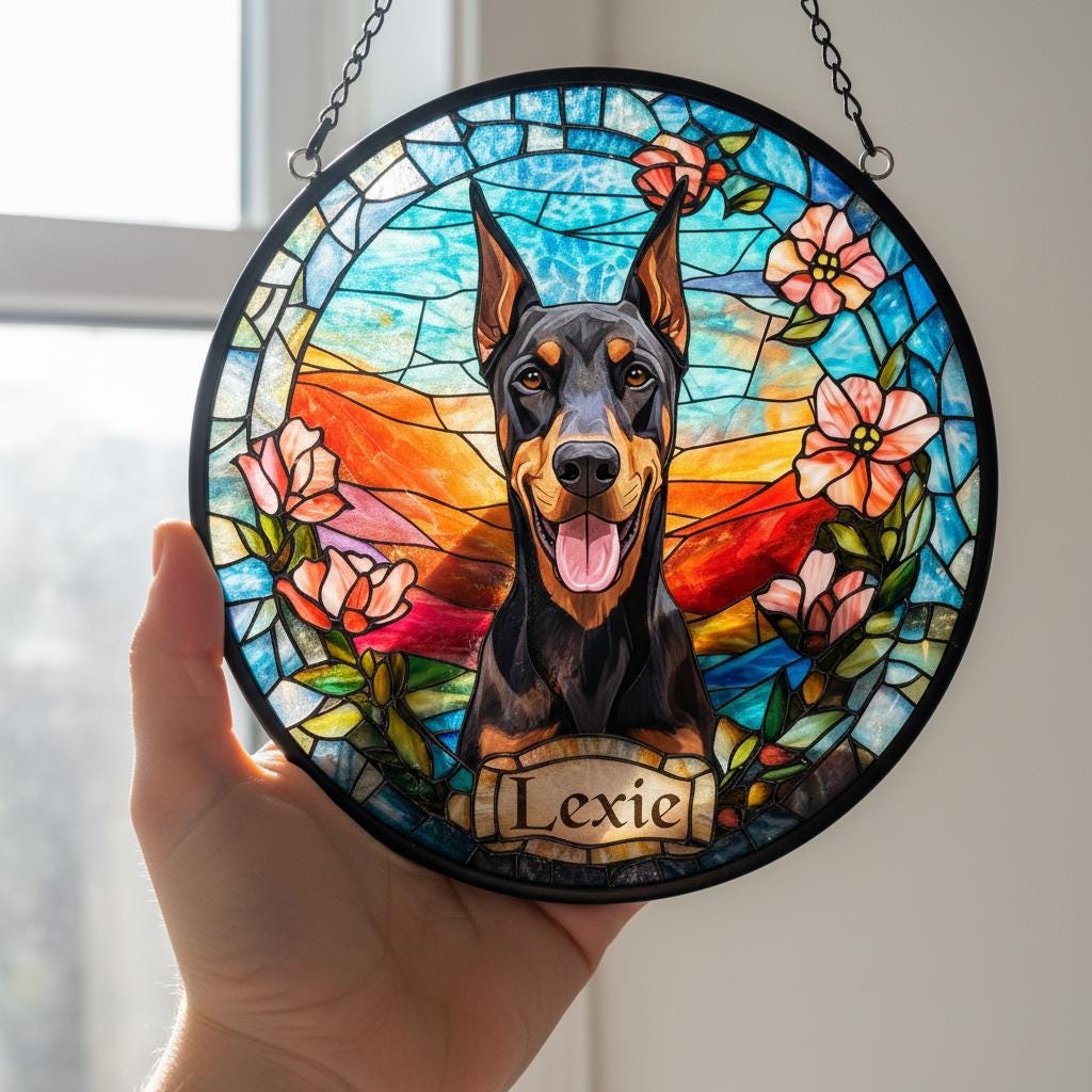 Custom Doberman Pinscher dog  Portrait Stained Glass Suncatcher, Stained Glass Dog Memorial, Custom Dog Portrait from Photo, Sympathy Gifts - image 2