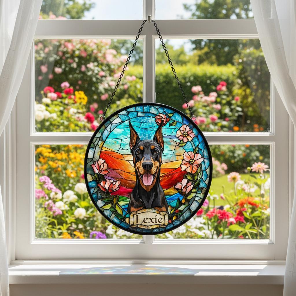 Custom Doberman Pinscher dog  Portrait Stained Glass Suncatcher, Stained Glass Dog Memorial, Custom Dog Portrait from Photo, Sympathy Gifts - image 3