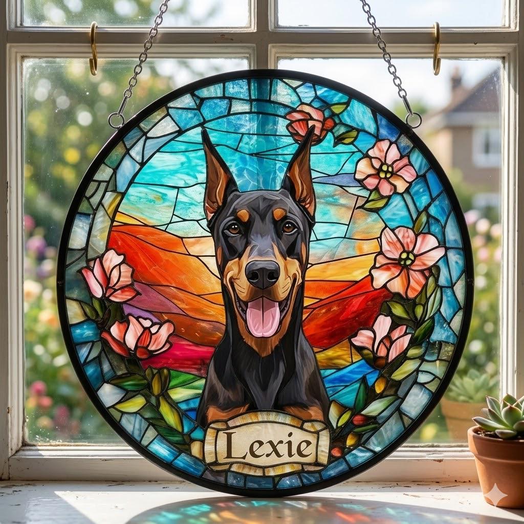 Custom Doberman Pinscher dog  Portrait Stained Glass Suncatcher, Stained Glass Dog Memorial, Custom Dog Portrait from Photo, Sympathy Gifts