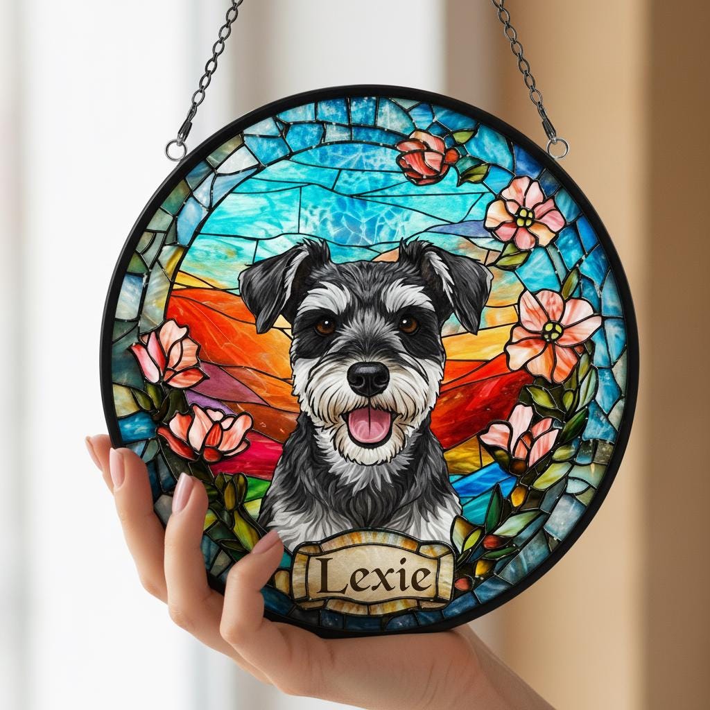 Custom Miniature Schnauzer Portrait Stained Glass Suncatcher, Stained Glass Dog Memorial, Custom Dog Portrait from Photo, Sympathy Gifts - image 3