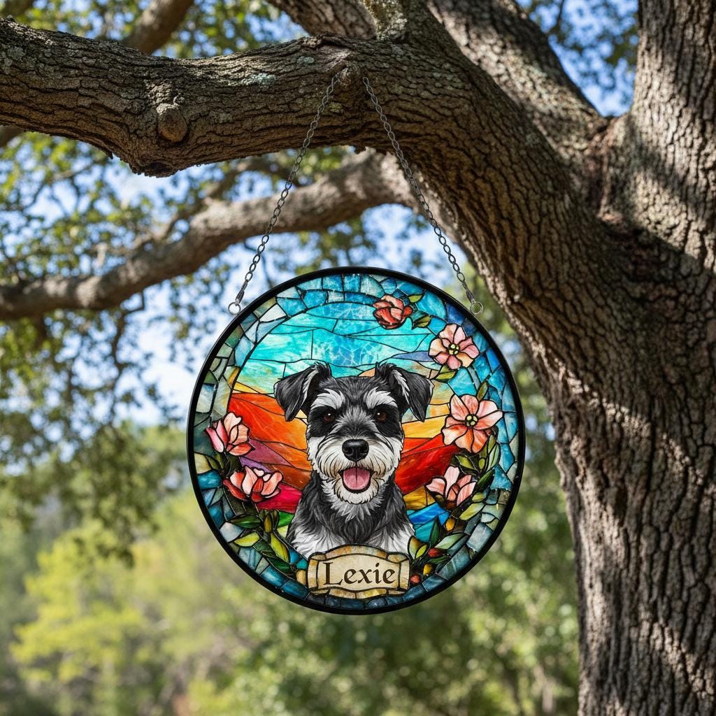 Custom Miniature Schnauzer Portrait Stained Glass Suncatcher, Stained Glass Dog Memorial, Custom Dog Portrait from Photo, Sympathy Gifts - image 2