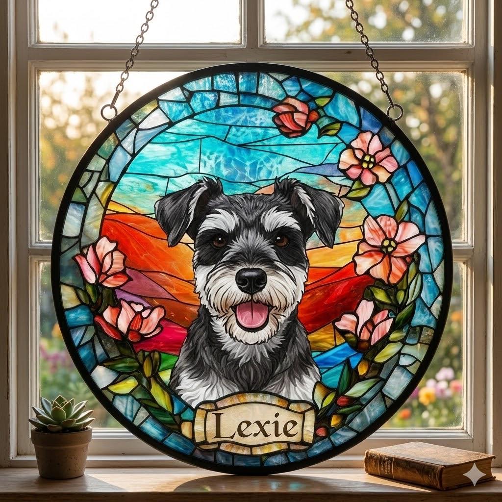 Custom Miniature Schnauzer Portrait Stained Glass Suncatcher, Stained Glass Dog Memorial, Custom Dog Portrait from Photo, Sympathy Gifts