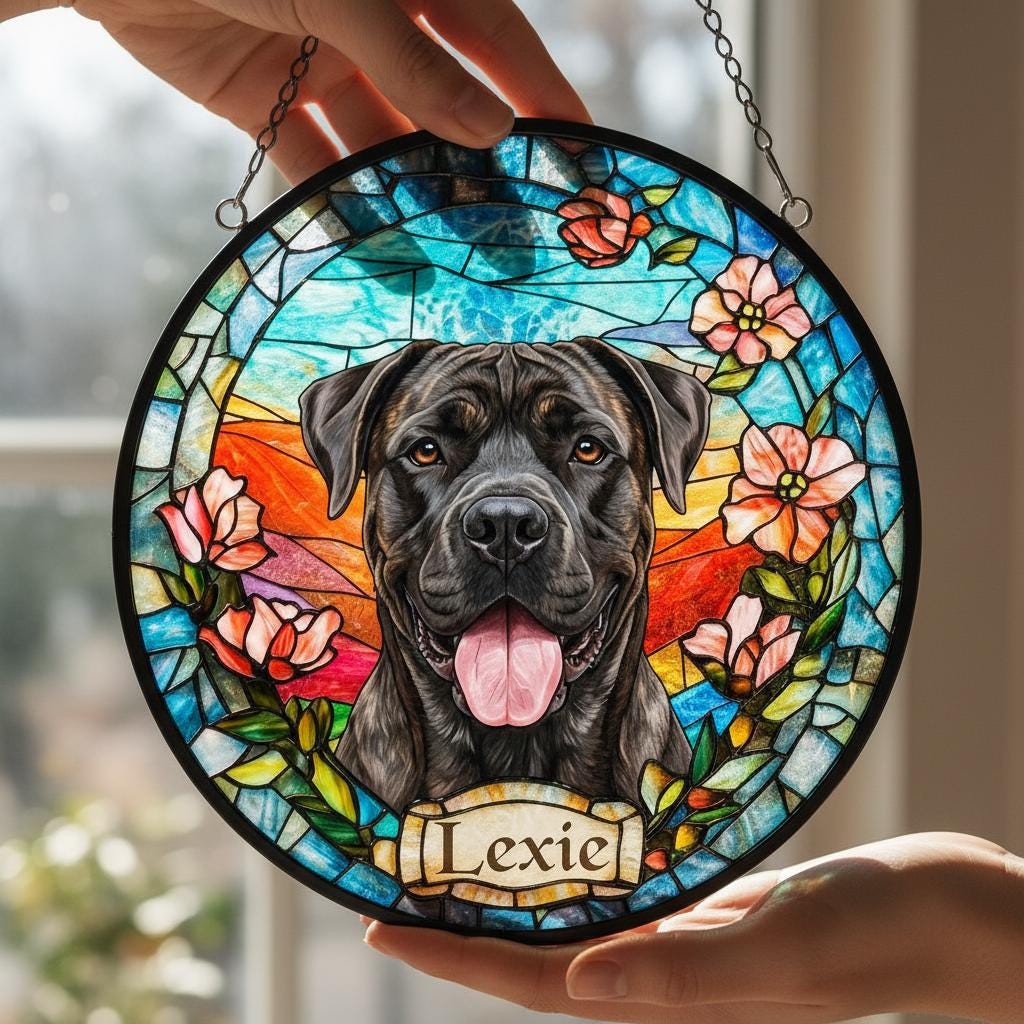 Custom Cane Corso  dog  Portrait Stained Glass Suncatcher, Stained Glass Dog Memorial, Custom Dog Portrait from Photo, Sympathy Gifts - image 2