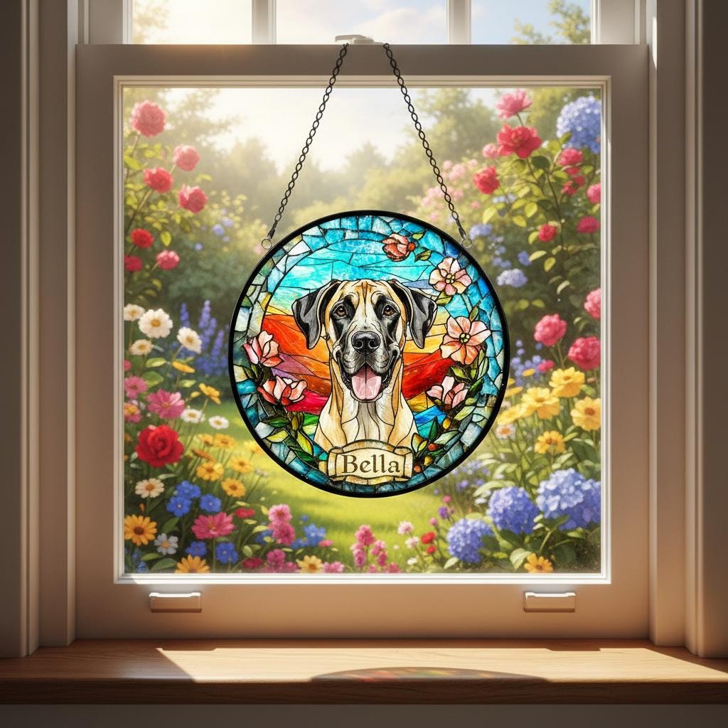 Custom Great Dane  dog Portrait Stained Glass Suncatcher, Stained Glass Dog Memorial, Custom Dog Portrait from Photo, Sympathy Gifts - image 3
