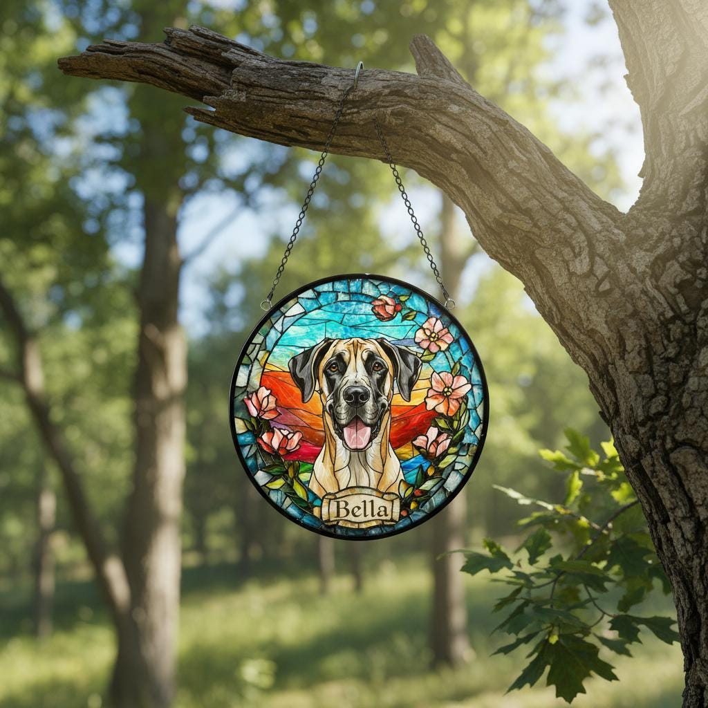 Custom Great Dane  dog Portrait Stained Glass Suncatcher, Stained Glass Dog Memorial, Custom Dog Portrait from Photo, Sympathy Gifts - image 2