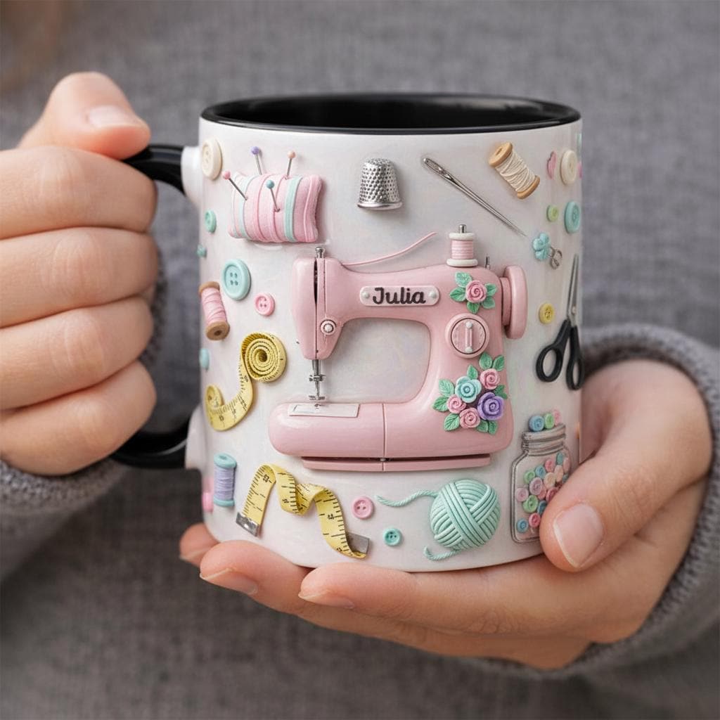 Personalized Sewing Coffee Cup, Custom 3D-Effect Craft Tools Accent Mug, Gift for Women