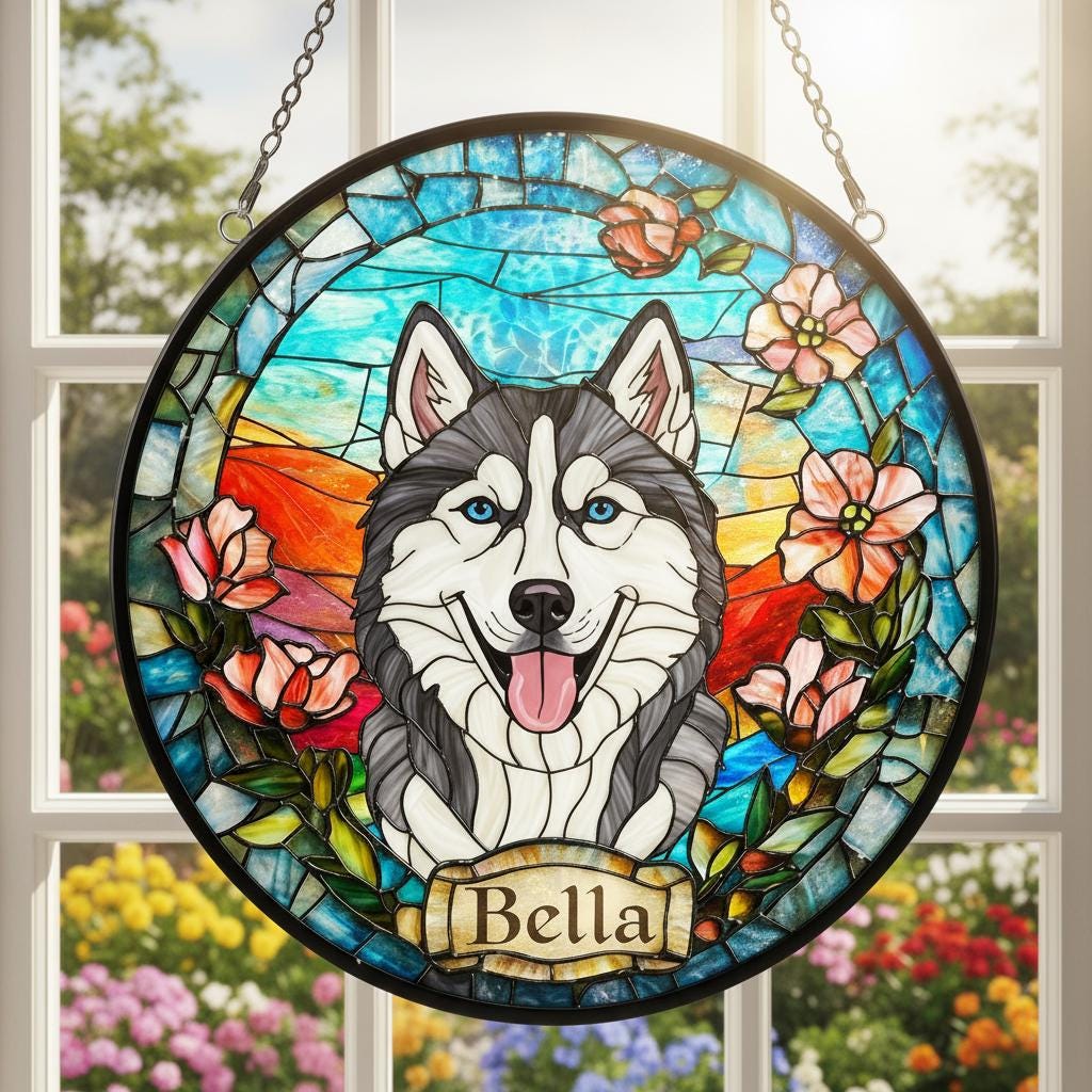 Custom Siberian Husky  dog Portrait Stained Glass Suncatcher, Stained Glass Dog Memorial, Custom Dog Portrait from Photo, Sympathy Gifts - image 2