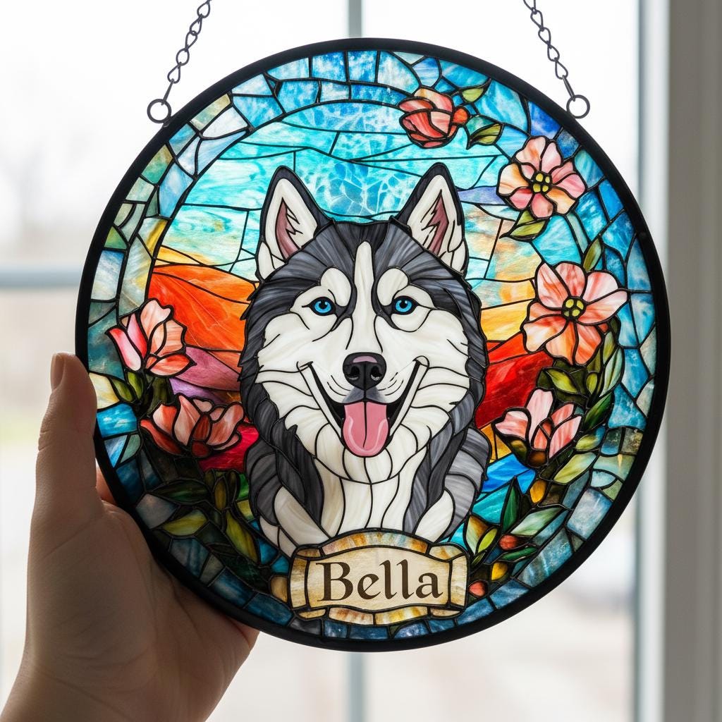 Custom Siberian Husky  dog Portrait Stained Glass Suncatcher, Stained Glass Dog Memorial, Custom Dog Portrait from Photo, Sympathy Gifts - image 3