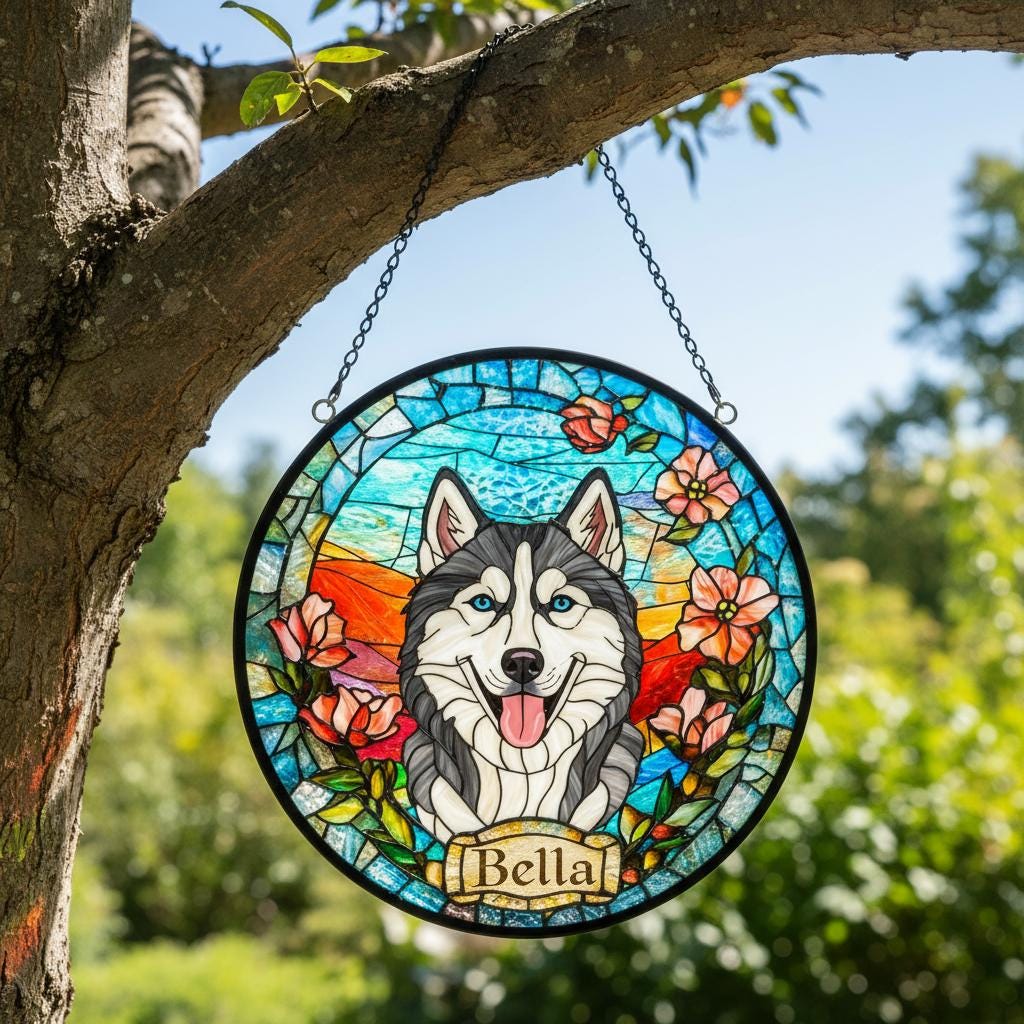 Custom Siberian Husky  dog Portrait Stained Glass Suncatcher, Stained Glass Dog Memorial, Custom Dog Portrait from Photo, Sympathy Gifts - image 4
